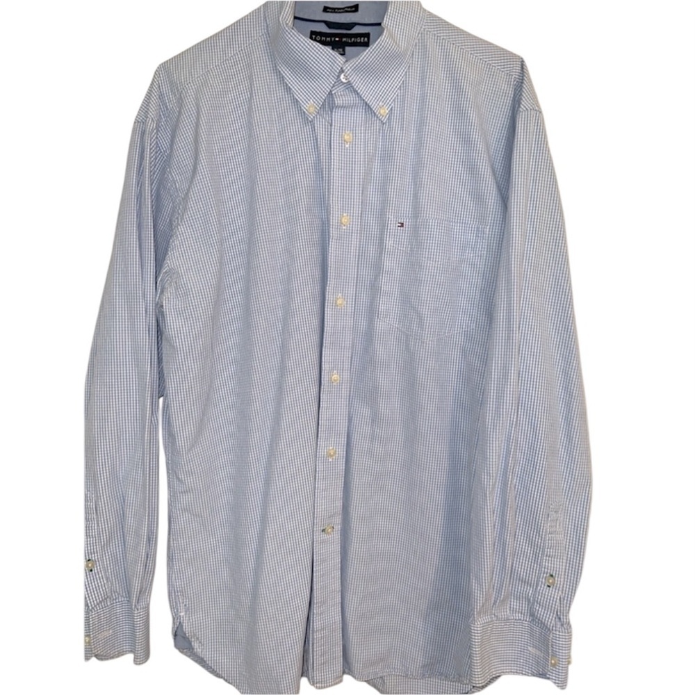 Tommy Hilfiger Mens Long Sleeve Dress Shirt XL Blue and White Plaid